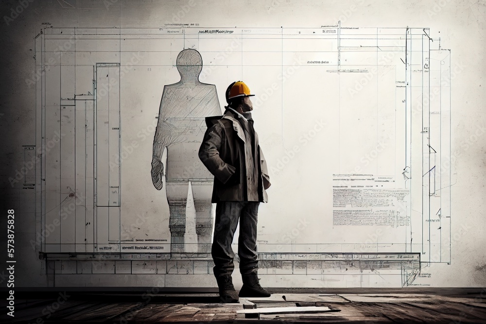 Poster a man standing in front of a drawing of a man's body and torso blueprint a digital rendering constru