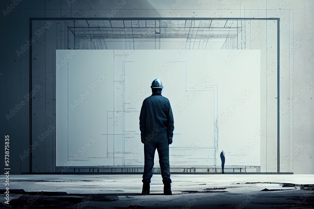 Poster a man standing in front of a large white wall with a blueprint on it blueprint a digital rendering m