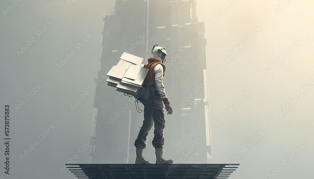 Poster a man in a suit and helmet carrying a book on his back while standing on a roof redshift render an a