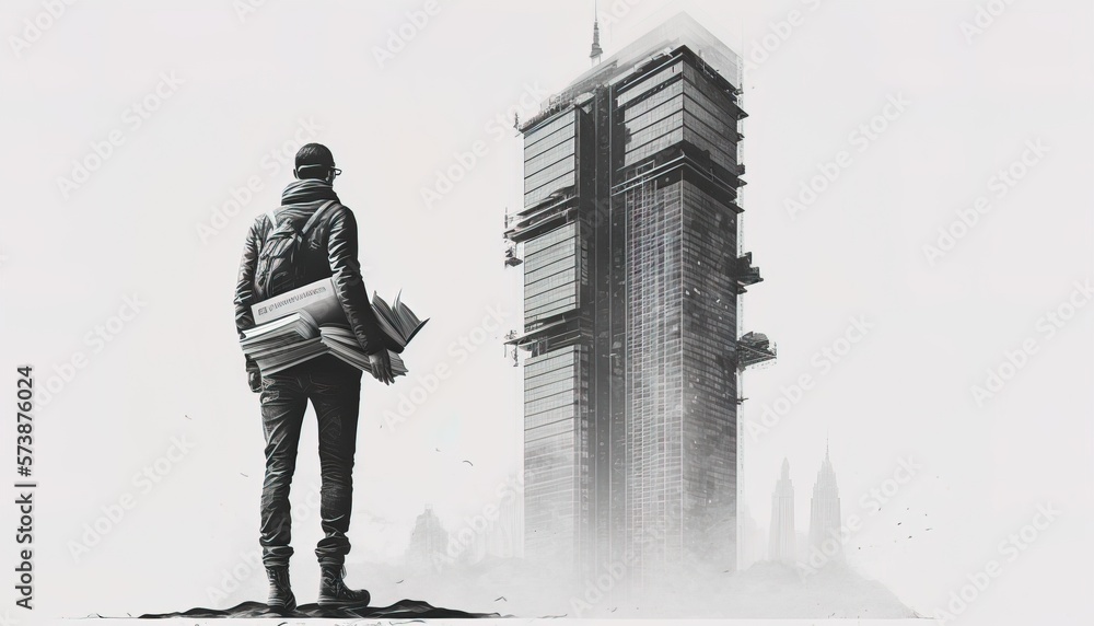 Poster A man standing in front of a tall building with a construction worker standing next to it dystopian art an ambient occlusion render neoism