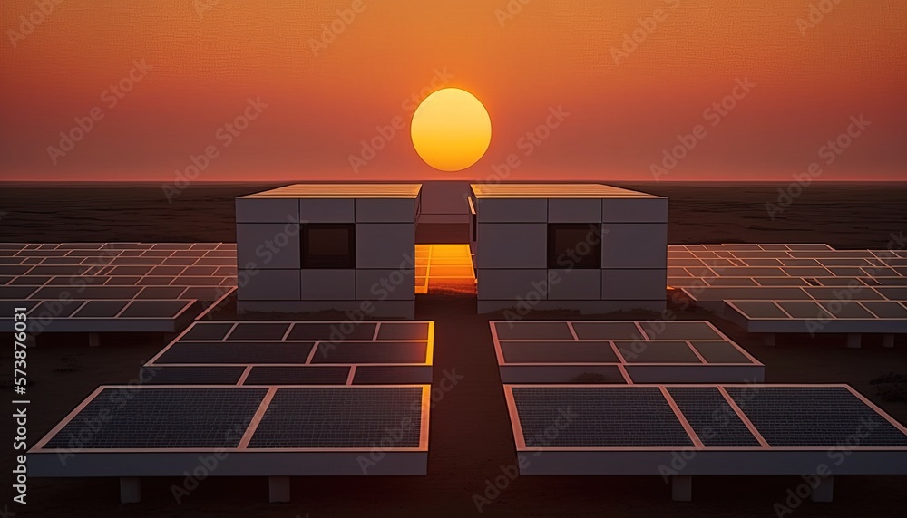 Aufkleber a solar panel array with the sun setting behind it and a building with a solar panel on top solarpun