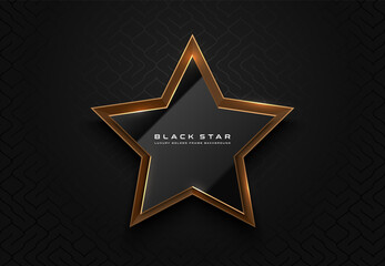 Gold edge glossy black star shape logo frame. Luxury frame, golden rim border, black pattern background. Abstract vector premium achievement glass star icon. Reflection light effect