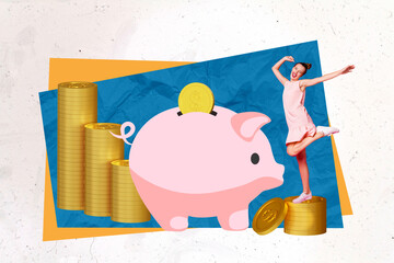 Minimal 3d collage cashback savings piggy bank woman collect money put coin inside wealth feel good carefree isolated on blue color background