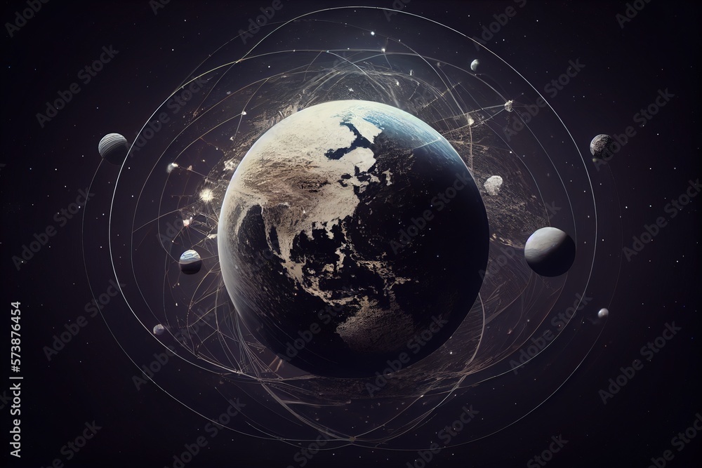 Aufkleber a picture of a planet with a lot of lines around it and a plane flying over it redshift render a det