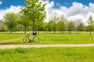 Bicycle with basket near a tree, Country landscape, roofs of village houses, green grass, dandelions, spring trees, country road, blu sky with clouds.