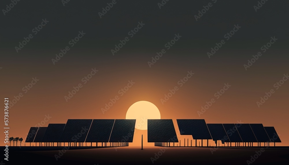 Poster a row of solar panels sitting in the middle of a field at sunset with the sun setting solarpunk a di