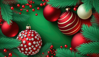 Obraz premium Generative AI Christmas background with fir branches and balls, snowflakes on green background. Festive design template for winter holidays