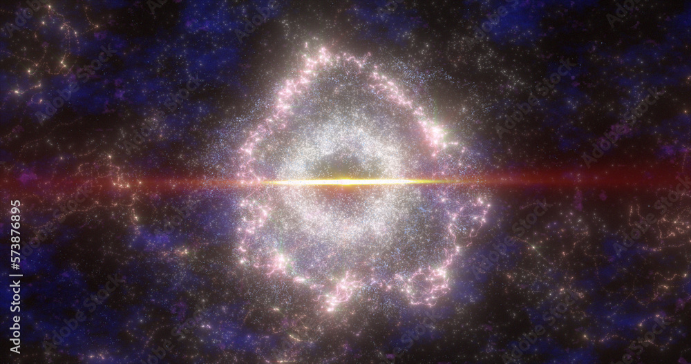 Poster abstract space galaxy with stars and planets spinning from particles and dots glowing bright futuris