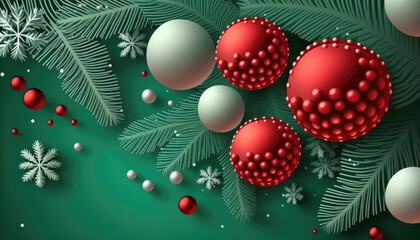 Generative AI Christmas background with fir branches and balls, snowflakes on green background. Festive design template for winter holidays