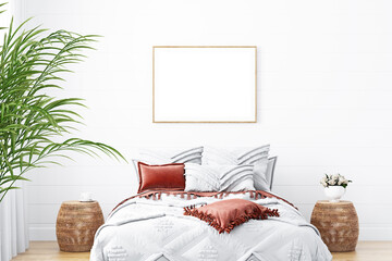 Mock up frame in bedroom, White wall, Horizontal blank frame, 3D rendering