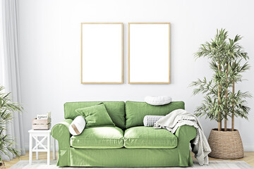 Mock up frame in living room, White wall, Two wood blank frame, 3D rendering
