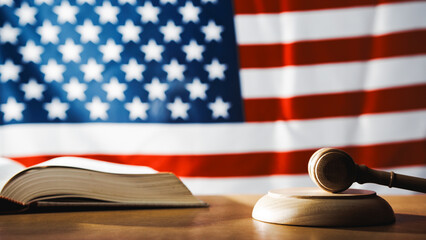 U.S. Supreme Court with gavel on a book and U.S. flag