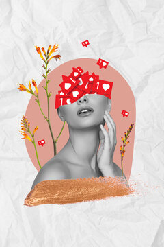 Creative banner photo collage design of new instagram account blogging addicted like content beauty industry girl isolated on white background