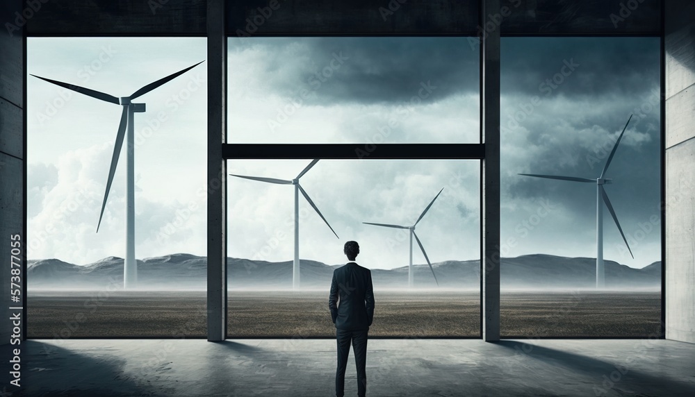 Poster a man standing in front of a window with wind turbines in the background and a sky filled with cloud