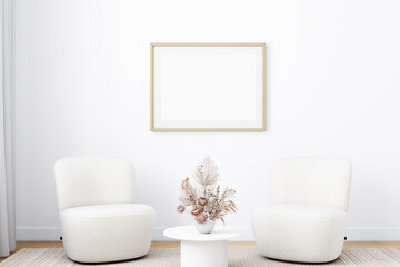 Frame mockup in living room white vase on the table, 3D render