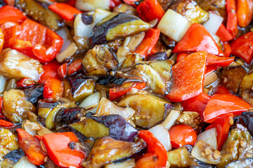 Grilled vegetable salad with zucchini, eggplant, onion, pepper and tomato