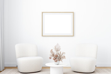Mock up poster frame in living room, Horizontal blank frame, White wall, 3D rendering