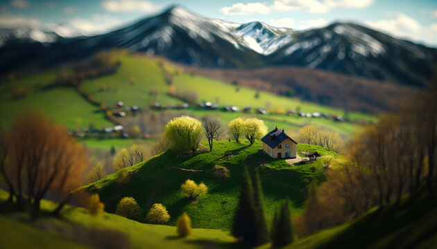 Generative AI, Mountains spring green landscape, houses, trees, road, beautiful countryside. Nature Illustration, photorealistic tilt shift horizontal banner.	
