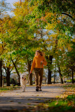 Belgrade, Serbia. November 10th, 2022. Cheerful young woman walking her golden retriever in a park on a sunny day.