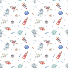 Watercolor illustration. Seamless pattern from hand painted spacemen, rockets, spaceships in outer space. Planets Uranus, Neptun, moon, stars, comet, Ursa Major. Space Day. Print on white background