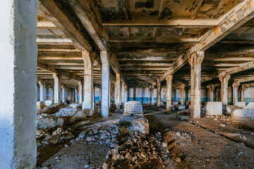 Fototapeta na wymiar Abandoned factory. Large empty ruined industrial hall