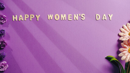 Happy women day flat layer pink background with flowers