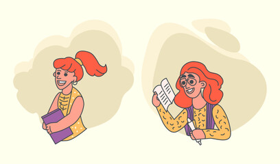 Cheerful young girls with books. Set of doodle character portraits. Vector colored flat illustration.