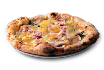 Deliziosa pizza gourmet condita con porchetta, provola e spinaci, cibo italiano 