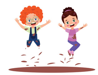 Cute happy kids jumping in mud