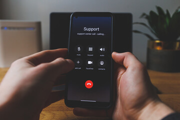 Calling to support center with phone. Support center call Concept