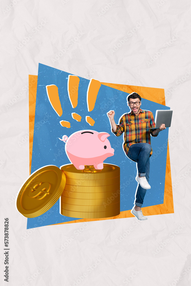 Poster vertical collage picture of delighted overjoyed guy use netbook raise fist big pile stack money coin