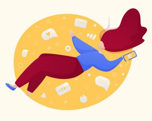 Young girl fall in the phone and uses the Internet and social networks. Vector flat illustration