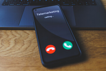 Phone call from telemarketing company. Telemarketing incoming call Concept