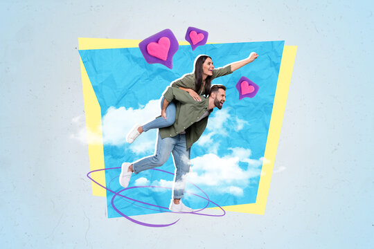 Creative collage photo of young funny students excited piggyback ride husband honeymoon travel valentine day love story isolated on heaven background