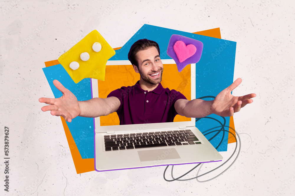 Aufkleber creative collage image of positive friendly guy inside netbook screen hands welcome invite like noti
