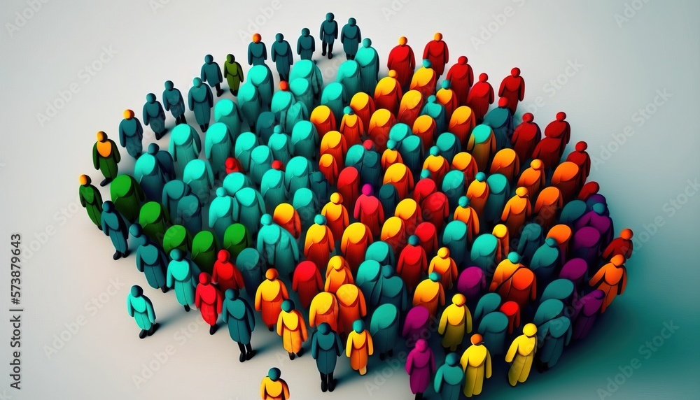 Poster a group of people standing in a circle together in a group with one person standing out from the cro