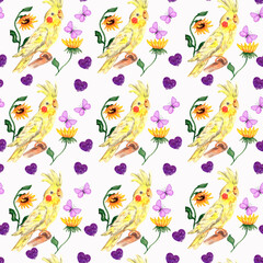 yellow cockatiel parrot flowers and butterflies watercolor seamless pattern hand drawn illustration