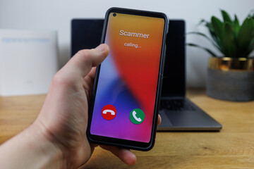 Phone call from scammer. Incoming scam call concept
