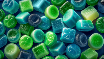 Assorted green and blue gummy candies. Jelly sweets. Generative AI