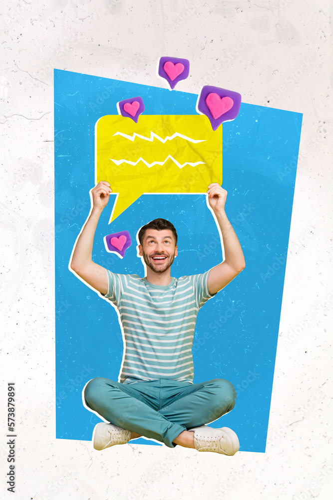 Poster vertical collage picture of positive guy look arms hold dialogue bubble receive like notification is