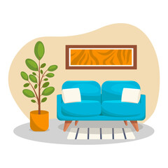 Living room interior. Vector, no background. Sofa with cushions, plant, carpet and painting. Vector graphic.