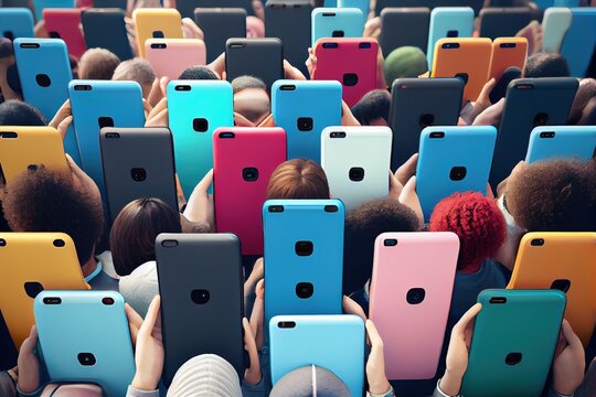 A Group Of People Holding Up Cell Phones In The Air With Their Hands Together In The Middle Technology A Stock Photo Futurism