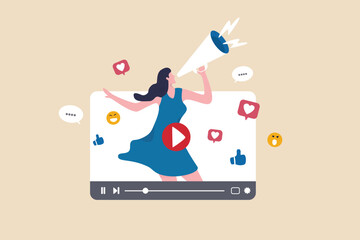 Video marketing, live stream or media clip to promote brand, influencer advertising, content marketing or online digital campaign concept, beauty confidence woman with megaphone on video media player. - obrazy, fototapety, plakaty