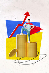 Vertical metaphor artwork collage of confident successful mini superman stand big pile stack money...