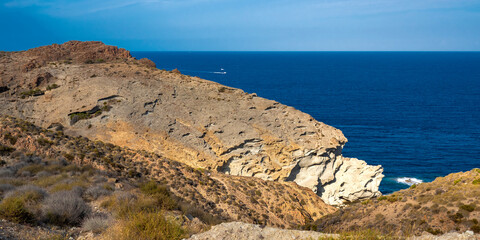 Rocky Coastline and Cliffs, Los Escullos, Cabo de Gata-N&Atilde;&shy;jar Natural Park, UNESCO Biosphere Reserve, Hot Desert Climate Region, Almer&Atilde;&shy;a, Andaluc&Atilde;&shy;a, Spain, Europe