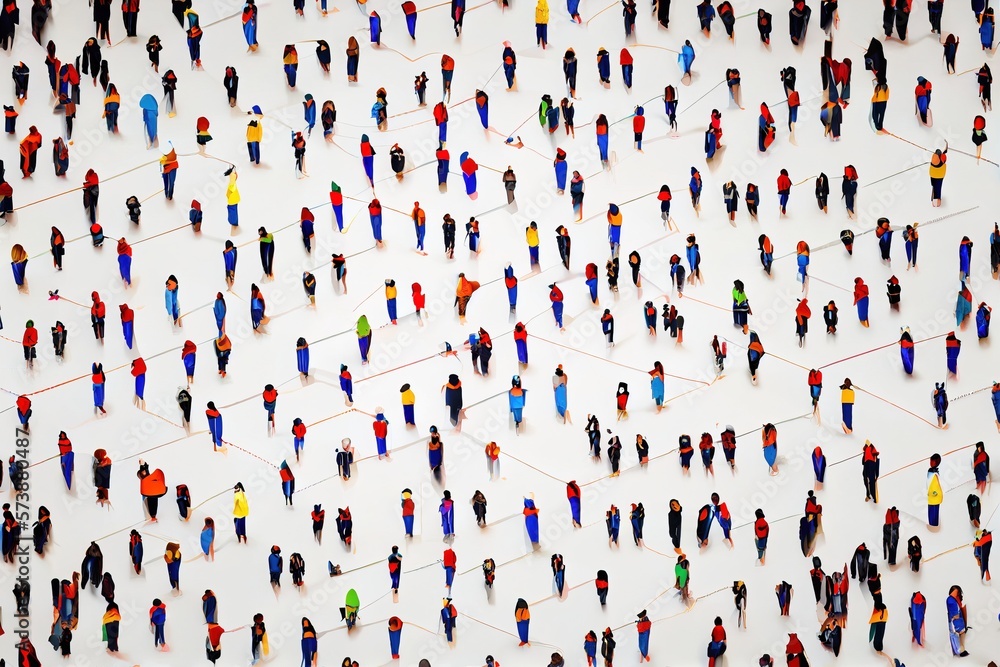 Poster a large group of people standing in a pattern of lines and dots on a white background triadic color 