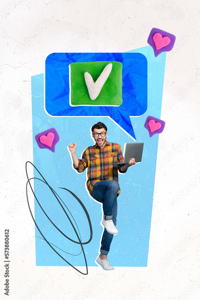 Aufkleber Vertical collage picture of delighted guy use netbook raise fist finish done mark dialogue bubble like notification isolated on painted background
