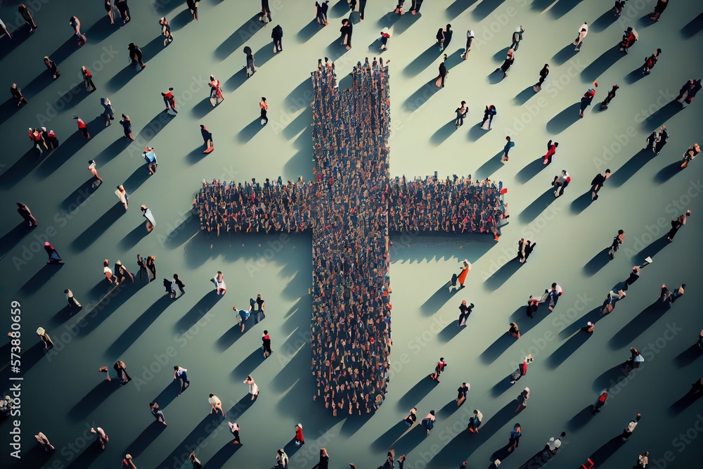 Poster a large group of people standing around a cross shaped object in the middle of a floor centered a st