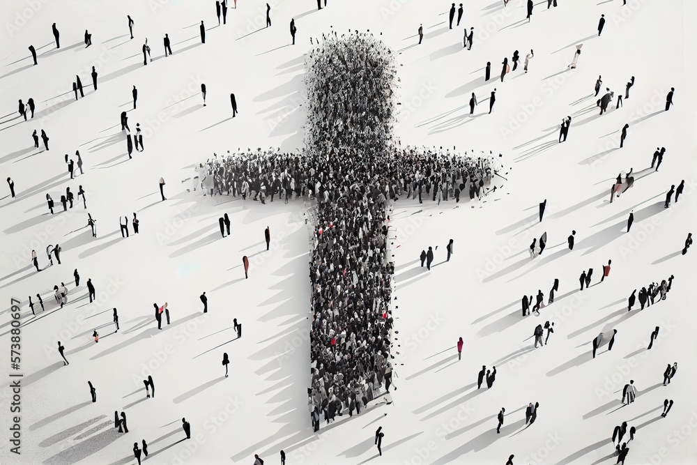 Poster a large group of people standing around a cross shaped object in the middle of a white field editori