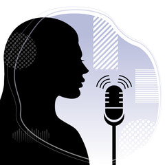 Single female with microphone silhouette vector illustration - 573880634